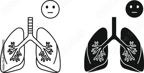 Human lungs vector illustration set with outline and solid styles, anatomical respiratory system graphics for medical education, healthcare design, and anatomy visuals