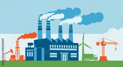 Factory oil rig wind turbine and crane illustrate industry energy and environmental impact
