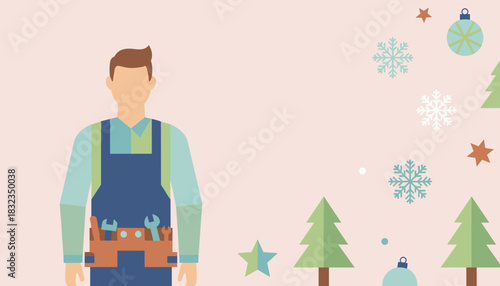 Contractor in overalls with tools on festive Christmas background Seasonal repair service vector