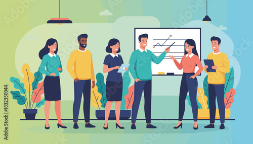 Diverse business team presentation showing financial growth and success in a modern office