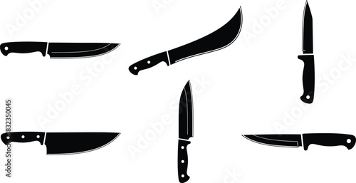 Kitchen knife vector set featuring various blade shapes and handles, professional culinary tools illustration for cooking, food preparation, and kitchen design graphics