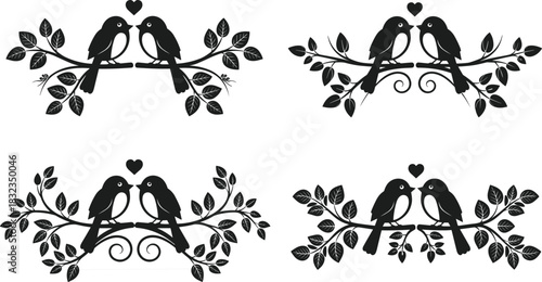 Romantic love birds vector set perched on decorative branches with hearts and leaves, perfect for wedding invitations, nature designs, and elegant illustrations
