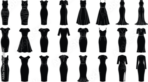 Elegant dress vector collection featuring various formal and casual women’s silhouettes, detailed fashion flat sketches for garment design, sewing, and apparel illustration