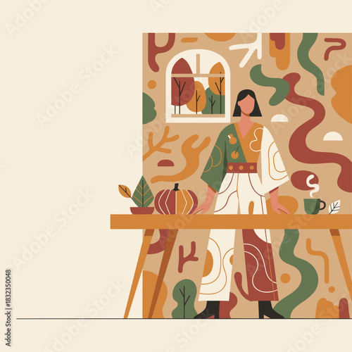 Cozy autumn scene illustration Woman pumpkin and coffee in a stylish abstract home