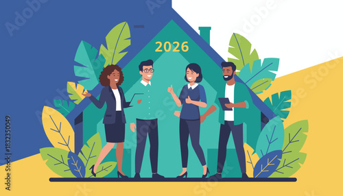 Diverse business team collaborating on housing or environmental goals for the year 2026