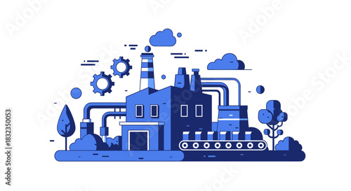 Industrial factory building illustration in blue flat design Manufacturing plant production and technology concept