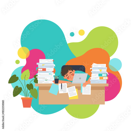 Overworked person asleep on desk buried in documents Stress and job burnout illustration