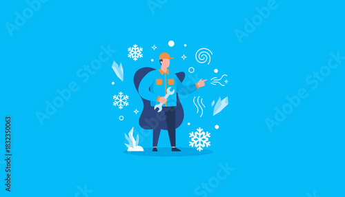 Professional HVAC service worker holding wrench surrounded by cooling effects ice and snowflakes
