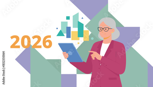 Senior businesswoman reviews data charts on a tablet forecasting business growth for 2026