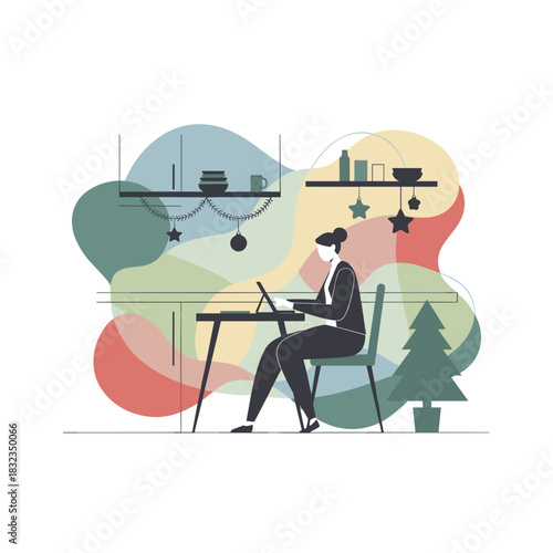 Businesswoman works on laptop in a festive home office balancing remote work and holidays