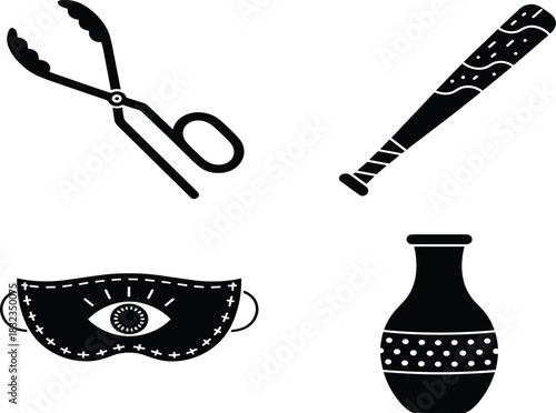 Household and decorative object vector set including kitchen tongs, patterned baseball bat, sleep eye mask, and ornamental ceramic vase illustration