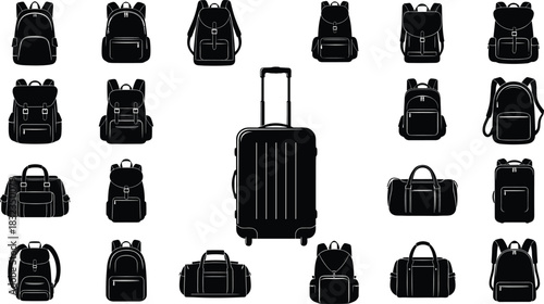 Travel bag and backpack vector collection with luggage suitcase, duffel bags, stylish backpacks, minimal silhouette illustration for tourism and adventure