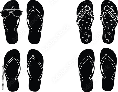 Summer flip flop vector set with decorative designs, sunglasses accent, star patterns, minimal silhouettes, beach footwear illustration for fashion and travel