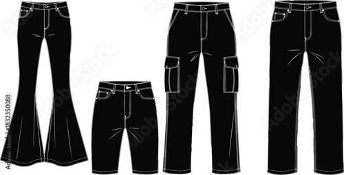Black fashion pants vector set with flared jeans, cargo trousers, denim shorts, straight leg pants detailed technical flat sketch illustration
