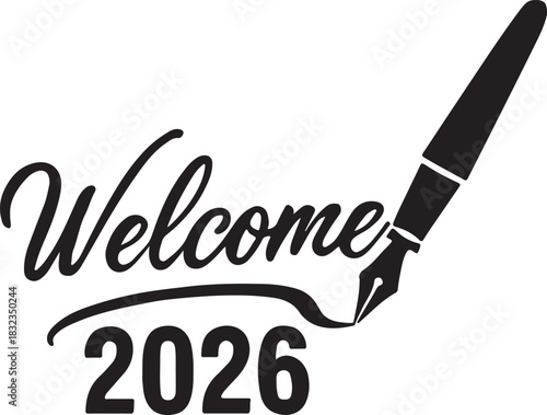 Welcome 2026 message with elegant fountain pen line art design