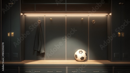 Soccer ball is sitting on a bench in a locker room. The room is dimly lit, and the ball is the only object in the scene