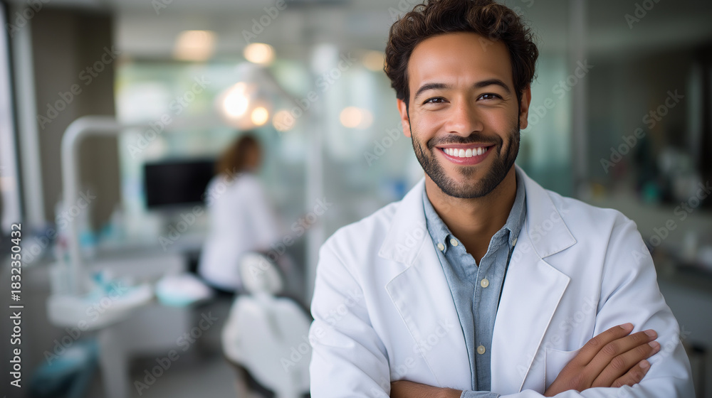 Fototapeta premium Smiling young Hispanic dentist in clinic, crossed arms, bright operatory, professional warmth, with copy space