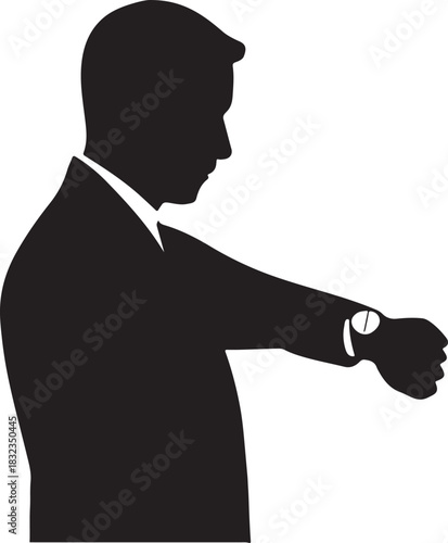 Man in suit silhouette checking wrist watch time deadline concept