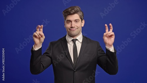Skeptic Businessman With Hands Two Fingers Air Quotes On Blue, Sarcasm,Cynicism