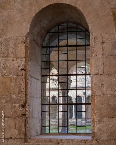 Arles, Saint-Trophime cloister, Provence, France: fine art view through a Romanesque stone window. Soft light revealing medieval arches, carved pillars and monastic atmosphere