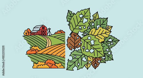 Farm landscape with barn contrasted with pest damaged leaves vector illustration.