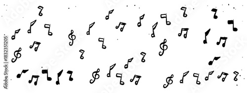 Set of whimsical hand drawn music notes, treble clefs in minimal ink outline style. Vintage retro chalk crayon scribble texture vector. Scrapbook designs, vignetting elements, creative projects 