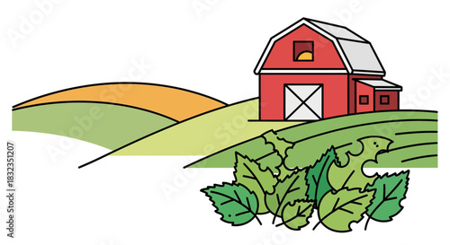 Rural farm landscape with red barn and green hills.