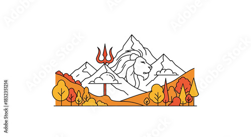 Stylized Mountain Landscape with Lion Head and Trident Illustration