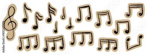 Hand drawn grunge music note stickers with chalk, crayon texture and paper cutout look. Vintage scrapbook craft elements for collage, journal and zine designs. Vector sketch set, isolated.
