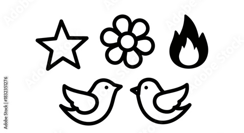 Collection of simple line art vector icons including star, flower, flame, and birds.