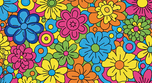 Vibrant floral pattern with retro psychedelic flower power design.