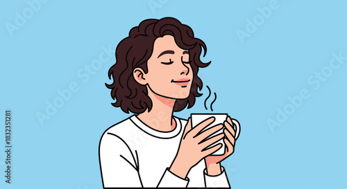 Happy person enjoying a warm drink with a relaxed, content expression.