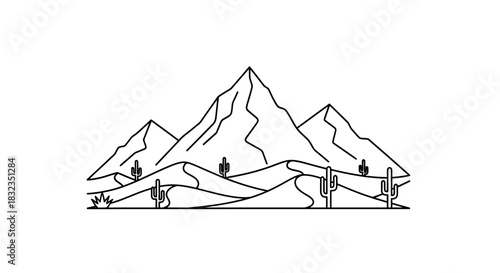 Minimalist Desert Landscape with Mountains and Cacti