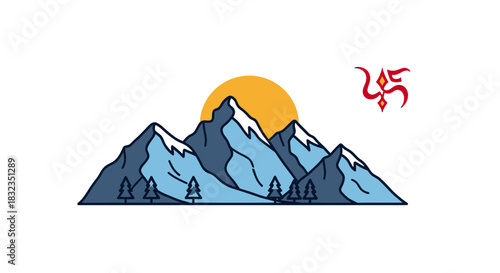 Stylized mountain landscape with a vibrant sunrise and a spiritual Om symbol.