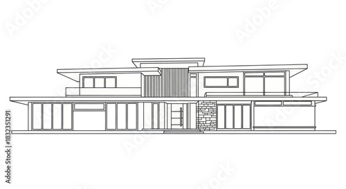 Modern house architectural line drawing with flat roof design.