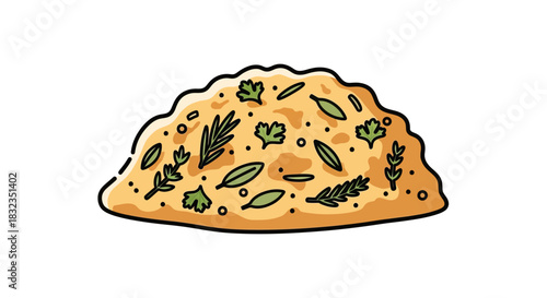 Hand-drawn illustration of spiced dough or flatbread with green herbs.