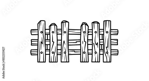 Black and white cartoon drawing of a rustic wooden picket fence