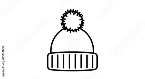 Black and white illustration of a winter hat with a pompom