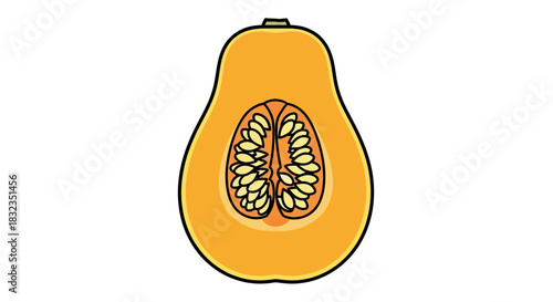 A halved butternut squash with seeds is illustrated on a white background.