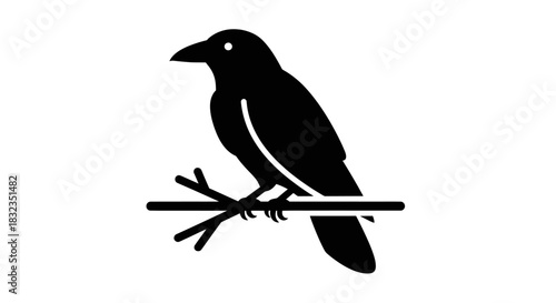 A black crow silhouette is perched on a branch.