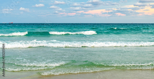 Fototapeta Naklejka Na Ścianę i Meble -  Horizon with sea cloudy sky. Calm horizon at sea. Romantic summer vacation seascape. Seascape horizon paradise. Sea sunrise on ocean beach. Sunset seascape at summer vacation. Walk along beach