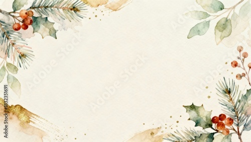 Watercolor Christmas Border Red Berries Greenery Gold Accents Festive Decoration Background Invitation Winter Holiday Seasonal Design