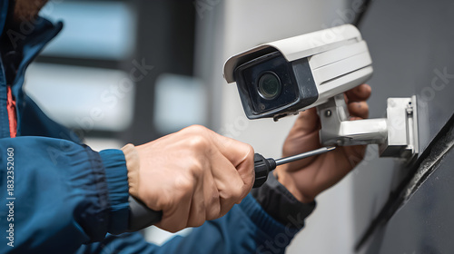 Installing a security camera on a building to enhance surveillance and safety measures in an urban environment