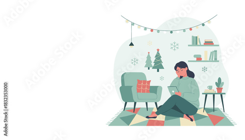 Holiday sadness lonely woman using device in decorated room