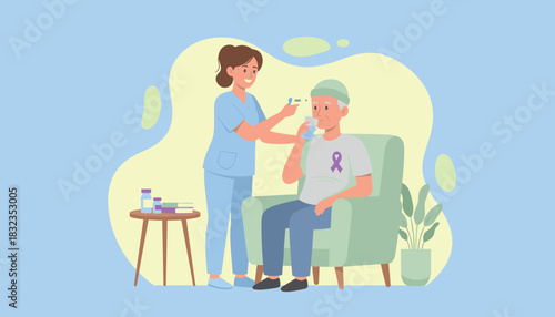 Professional caregiver measuring senior mans temperature during private home care visit