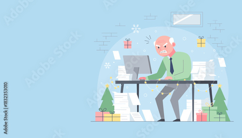 Stressed senior man overwhelmed by endofyear paperwork and deadlines in the festive office