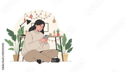 Woman sitting on the floor looking sadly at her smartphone in a festive home office Digital burnout