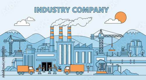 Industrial factory complex with cranes workers smokestacks and trucks Manufacturing line art background