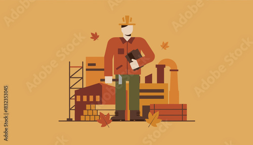 Construction worker standing at an industrial factory site in autumn holding a hammer and documents