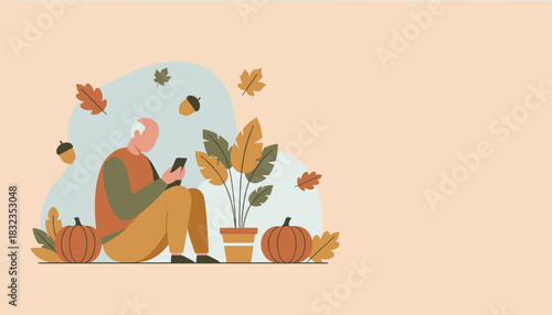 Elderly man using smartphone in autumn background illustration retirement leisure